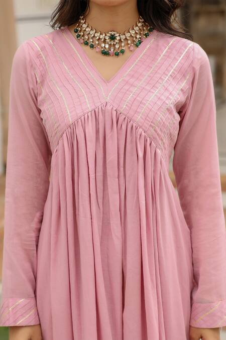 Pheeta_Pink Mulmul Embroidery Fringe Lace V-neck Gota Yoke Anarkali And Pant Set_at_Aza_Fashions