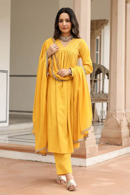 Pheeta Yellow Mulmul Embroidery Fringe Lace V-neck Yoke Gathered Anarkali And Pant Set 