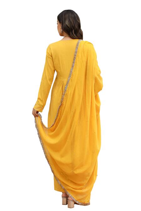 Pheeta Yellow Mulmul Embroidery Fringe Lace V-neck Yoke Gathered Anarkali And Pant Set Online at Aza Fashions Pheeta_Yellow Mulmul Embroidery Fringe Lace V-neck Yoke Gathered Anarkali And Pant Set_Online_at_Aza_Fashions