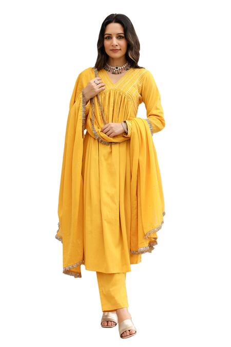Buy Pheeta Yellow Mulmul Embroidery Fringe Lace V-neck Yoke Gathered Anarkali And Pant Set Buy_Pheeta_Yellow Mulmul Embroidery Fringe Lace V-neck Yoke Gathered Anarkali And Pant Set