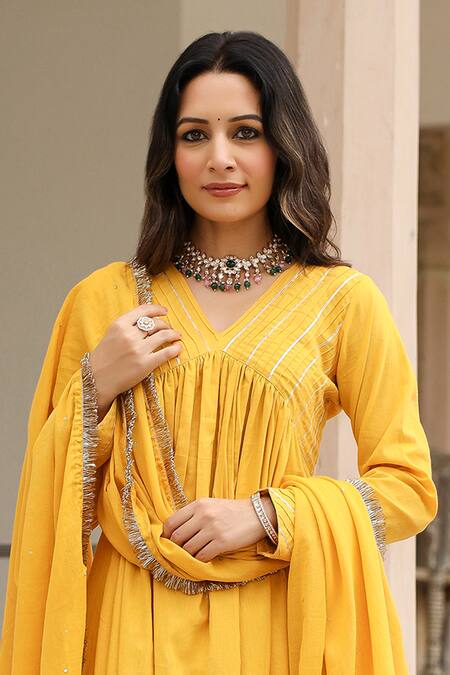 Shop Pheeta Yellow Mulmul Embroidery Fringe Lace V-neck Yoke Gathered Anarkali And Pant Set Shop_Pheeta_Yellow Mulmul Embroidery Fringe Lace V-neck Yoke Gathered Anarkali And Pant Set