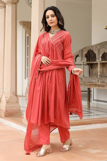 Shop_Pheeta_Red Mulmul Embroidery Fringe Lace V-neck Solid Yoke Gathered Anarkali And Pant Set_Online_at_Aza_Fashions