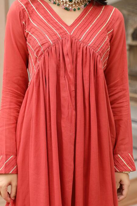 Pheeta_Red Mulmul Embroidery Fringe Lace V-neck Solid Yoke Gathered Anarkali And Pant Set_at_Aza_Fashions