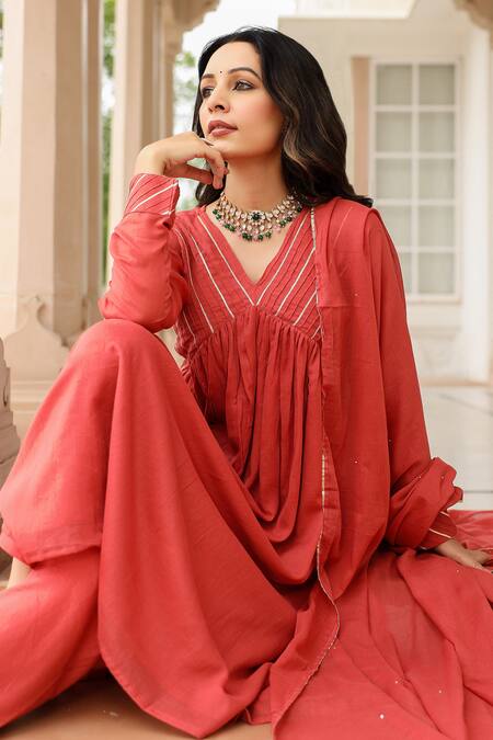 Buy_Pheeta_Red Mulmul Embroidery Fringe Lace V-neck Solid Yoke Gathered Anarkali And Pant Set