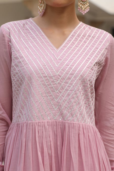 Pheeta_Pink Mulmul Embroidery Fringe Lace V-neck Geometric Anarkali And Pant Set_Online_at_Aza_Fashions