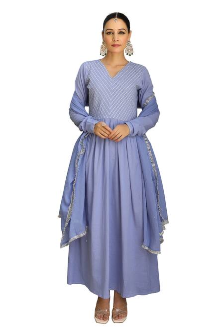 Pheeta_Blue Mulmul Embroidery Fringe Lace V-neck Solid Anarkali And Pant Set_Online_at_Aza_Fashions