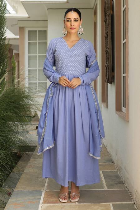 Buy_Pheeta_Blue Mulmul Embroidery Fringe Lace V-neck Solid Anarkali And Pant Set_Online_at_Aza_Fashions