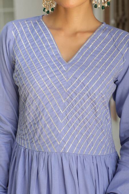 Buy_Pheeta_Blue Mulmul Embroidery Fringe Lace V-neck Solid Anarkali And Pant Set