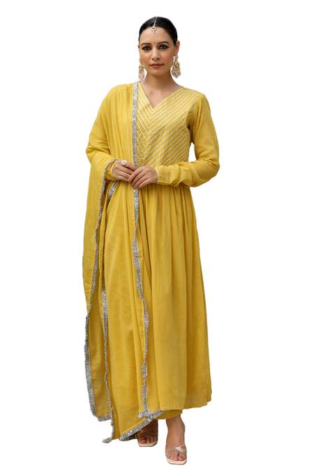 Buy_Pheeta_Yellow Mulmul Embroidery Fringe Lace V-neck Gathered Sleeve Anarkali And Pant Set_Online_at_Aza_Fashions