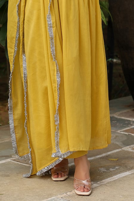 Shop_Pheeta_Yellow Mulmul Embroidery Fringe Lace V-neck Gathered Sleeve Anarkali And Pant Set_Online_at_Aza_Fashions