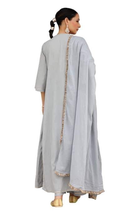 Pheeta_Grey Cotton Sequins, Fringe Round Neck Pintuck Kurta And Pant Set _Online_at_Aza_Fashions