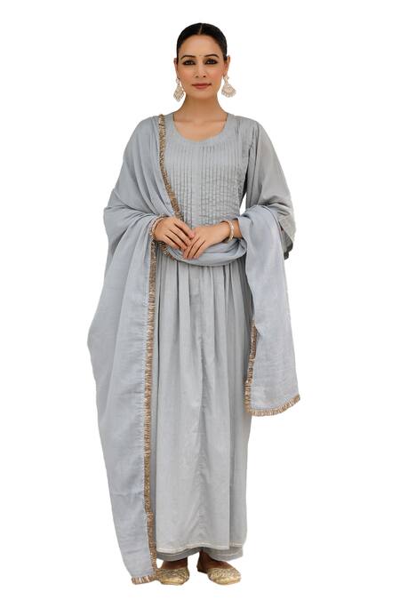 Buy_Pheeta_Grey Cotton Sequins, Fringe Round Neck Pintuck Kurta And Pant Set _Online_at_Aza_Fashions