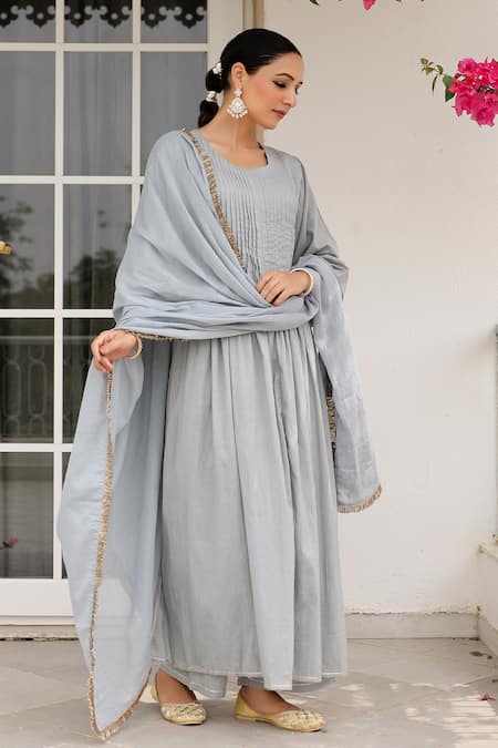 Shop_Pheeta_Grey Cotton Sequins, Fringe Round Neck Pintuck Kurta And Pant Set _Online_at_Aza_Fashions