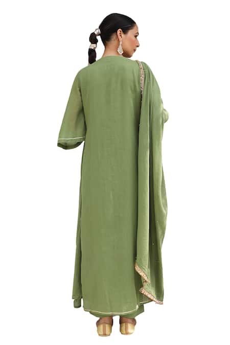Buy_Pheeta_Green Cotton Sequins, Fringe Round Neck Solid Pintuck Kurta And Pant Set _Online_at_Aza_Fashions