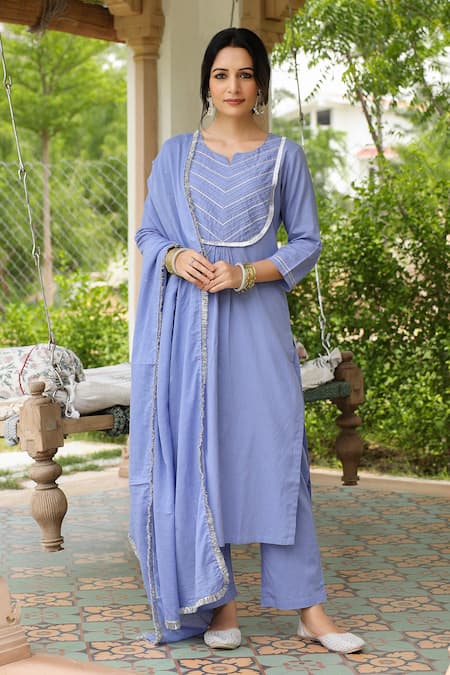 Pheeta Blue Mulmul Embroidery Fringe Lace Notched Geometric Kurta And Pant Set 