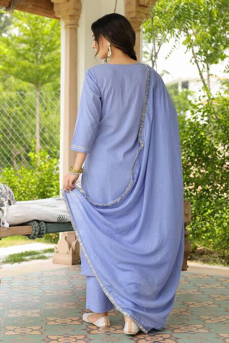 Shop Pheeta Blue Mulmul Embroidery Fringe Lace Notched Geometric Kurta And Pant Set at Aza Fashions Shop_Pheeta_Blue Mulmul Embroidery Fringe Lace Notched Geometric Kurta And Pant Set_at_Aza_Fashions