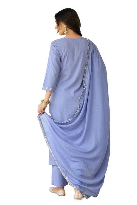 Pheeta Blue Mulmul Embroidery Fringe Lace Notched Geometric Kurta And Pant Set Online at Aza Fashions Pheeta_Blue Mulmul Embroidery Fringe Lace Notched Geometric Kurta And Pant Set_Online_at_Aza_Fashions