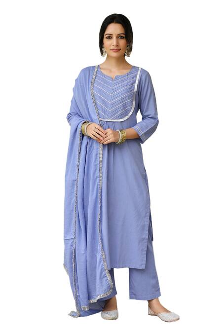 Buy Pheeta Blue Mulmul Embroidery Fringe Lace Notched Geometric Kurta And Pant Set Online at Aza Fashions Buy_Pheeta_Blue Mulmul Embroidery Fringe Lace Notched Geometric Kurta And Pant Set_Online_at_Aza_Fashions