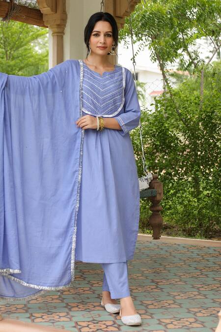Shop Pheeta Blue Mulmul Embroidery Fringe Lace Notched Geometric Kurta And Pant Set Online at Aza Fashions Shop_Pheeta_Blue Mulmul Embroidery Fringe Lace Notched Geometric Kurta And Pant Set_Online_at_Aza_Fashions