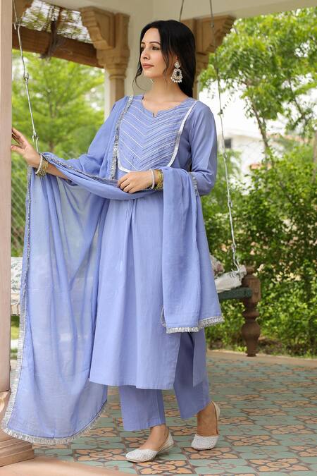 Pheeta Blue Mulmul Embroidery Fringe Lace Notched Geometric Kurta And Pant Set at Aza Fashions Pheeta_Blue Mulmul Embroidery Fringe Lace Notched Geometric Kurta And Pant Set_at_Aza_Fashions