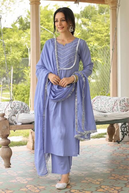 Buy Pheeta Blue Mulmul Embroidery Fringe Lace Notched Geometric Kurta And Pant Set Buy_Pheeta_Blue Mulmul Embroidery Fringe Lace Notched Geometric Kurta And Pant Set