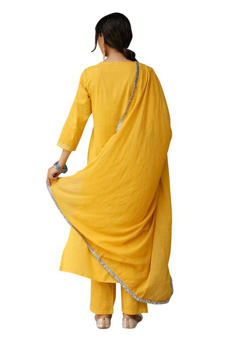 Pheeta_Yellow Mulmul Embroidery Fringe Lace Notched Yoke Kurta And Pant Set_Online_at_Aza_Fashions