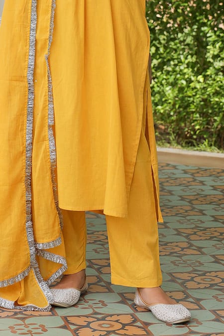 Buy_Pheeta_Yellow Mulmul Embroidery Fringe Lace Notched Yoke Kurta And Pant Set_Online_at_Aza_Fashions