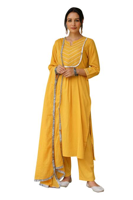 Shop_Pheeta_Yellow Mulmul Embroidery Fringe Lace Notched Yoke Kurta And Pant Set_Online_at_Aza_Fashions