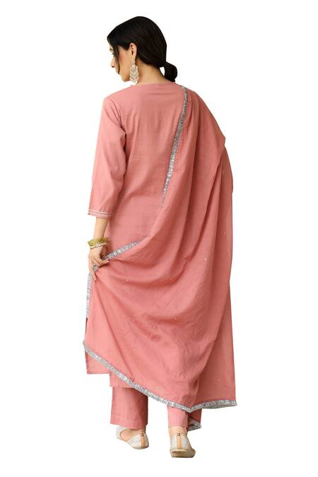Pheeta_Pink Mulmul Embroidery Fringe Lace Notched Solid Yoke Kurta And Pant Set_Online_at_Aza_Fashions