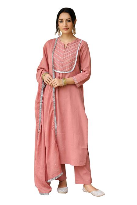 Buy_Pheeta_Pink Mulmul Embroidery Fringe Lace Notched Solid Yoke Kurta And Pant Set_Online_at_Aza_Fashions