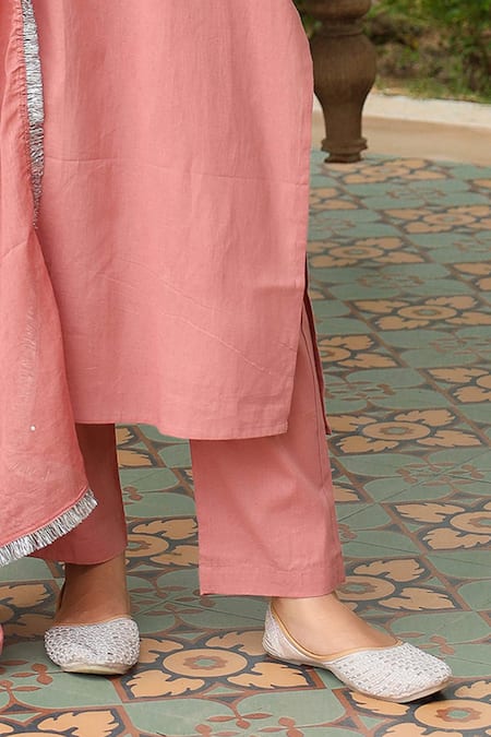 Shop_Pheeta_Pink Mulmul Embroidery Fringe Lace Notched Solid Yoke Kurta And Pant Set_Online_at_Aza_Fashions