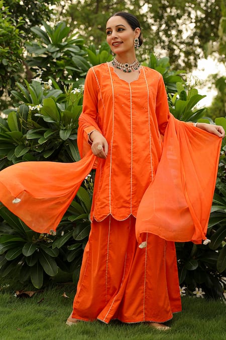 Pheeta Orange Cotton Embroidery Sequin Cut-out Neck Kurta And Palazzo Set 