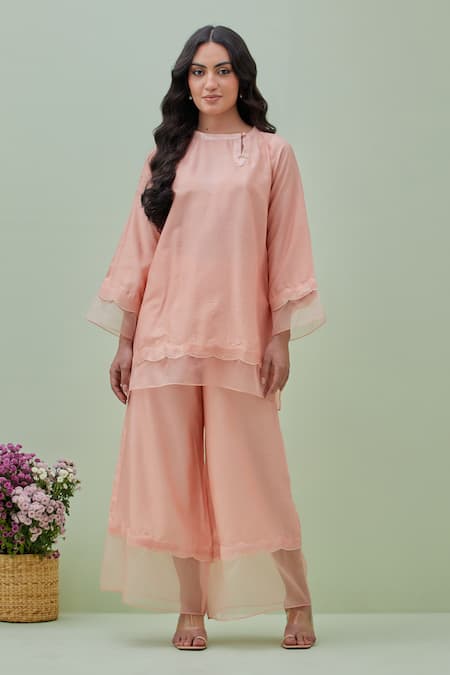 Grass & Sunshine Pink Chanderi Embellished Sequin Trim Boat Neck Kurta With Flared Pant 