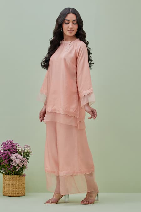 Grass & Sunshine_Pink Chanderi Sequins Boat Neck Trim Embellished Kurta With Flared Pant _Online_at_Aza_Fashions