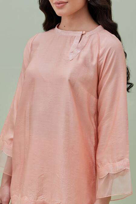 Buy_Grass & Sunshine_Pink Chanderi Sequins Boat Neck Trim Embellished Kurta With Flared Pant _Online_at_Aza_Fashions