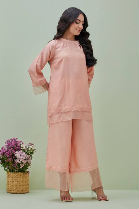 Shop_Grass & Sunshine_Pink Chanderi Sequins Boat Neck Trim Embellished Kurta With Flared Pant _Online_at_Aza_Fashions