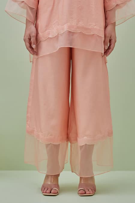 Grass & Sunshine_Pink Chanderi Sequins Boat Neck Trim Embellished Kurta With Flared Pant _at_Aza_Fashions