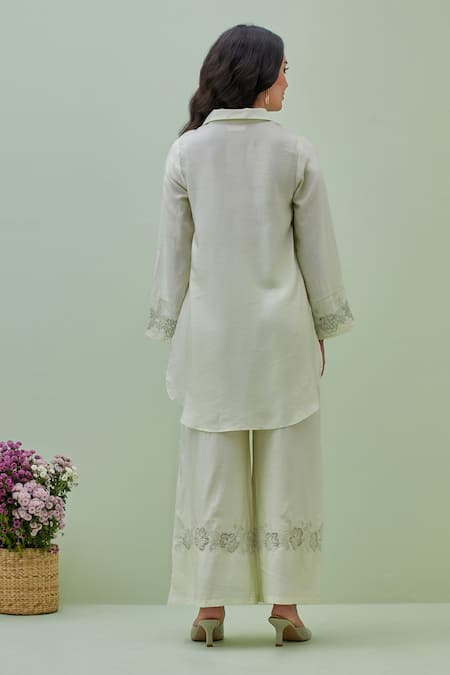 Grass & Sunshine Beaded Bloom Applique Embroidered Kurta With Flared Pant 