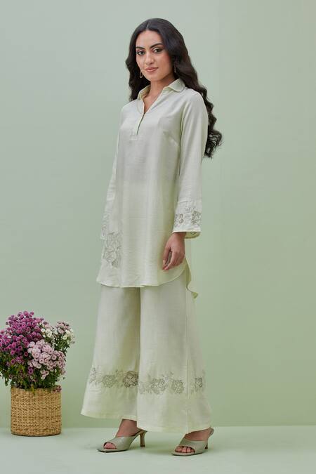 Grass & Sunshine_Green Chanderi Applique, Embroidery Collared Beaded Bloom Kurta With Pant _Online_at_Aza_Fashions