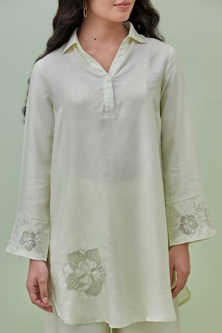 Shop_Grass & Sunshine_Green Chanderi Applique, Embroidery Collared Beaded Bloom Kurta With Pant _Online_at_Aza_Fashions