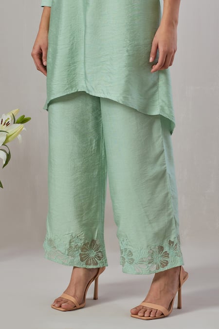 Shop_Grass & Sunshine_Green Chanderi Applique, Embroidery Round Neck Flora Kurta With Pant _Online_at_Aza_Fashions