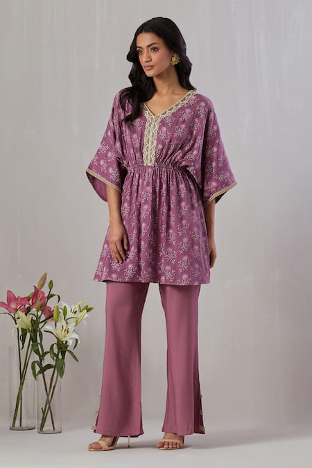 Grass & Sunshine_Purple Modal, Satin Embroidery Breezy Bloom Print Kurta With Bell Bottom Pant _Online_at_Aza_Fashions