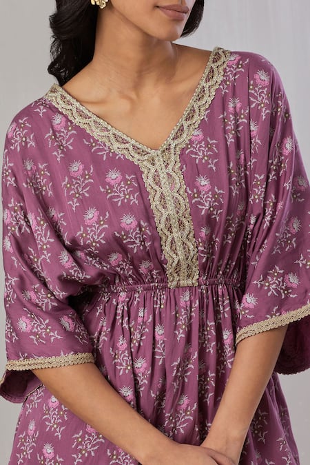 Buy_Grass & Sunshine_Purple Modal, Satin Embroidery Breezy Bloom Print Kurta With Bell Bottom Pant _Online_at_Aza_Fashions