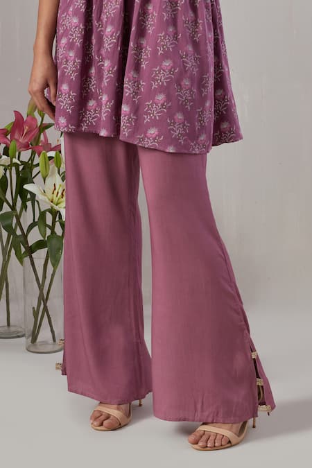 Shop_Grass & Sunshine_Purple Modal, Satin Embroidery Breezy Bloom Print Kurta With Bell Bottom Pant _Online_at_Aza_Fashions