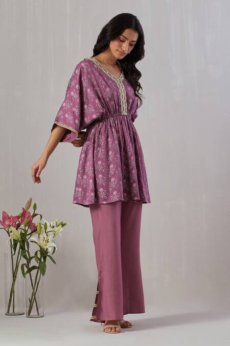 Grass & Sunshine_Purple Modal, Satin Embroidery Breezy Bloom Print Kurta With Bell Bottom Pant _at_Aza_Fashions