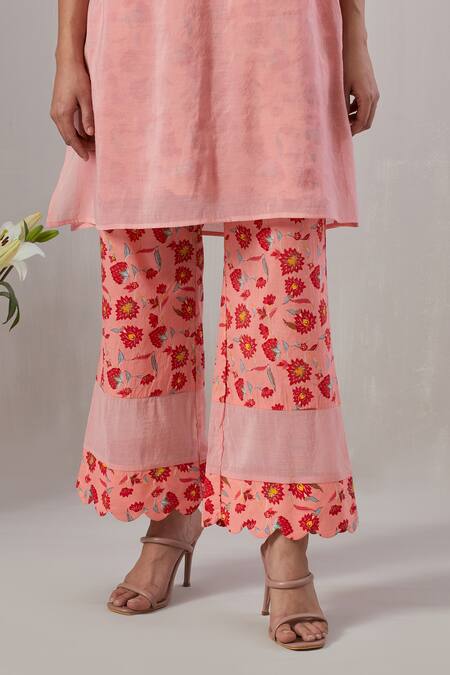 Shop Grass & Sunshine Pink Cotton, Chanderi Embroidery Scoop Summer Dream Scallop V Kurta Pant Set Online at Aza Fashions Shop_Grass & Sunshine_Pink Cotton, Chanderi Embroidery Scoop Summer Dream Scallop V Kurta Pant Set _Online_at_Aza_Fashions