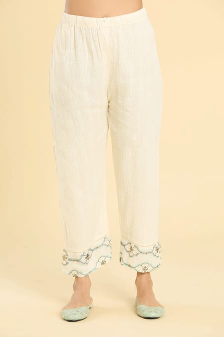 Label Lila_Off White Cotton, Chanderi Embroidery Mandarin Collar Damask Kurta Pant Set _Online_at_Aza_Fashions