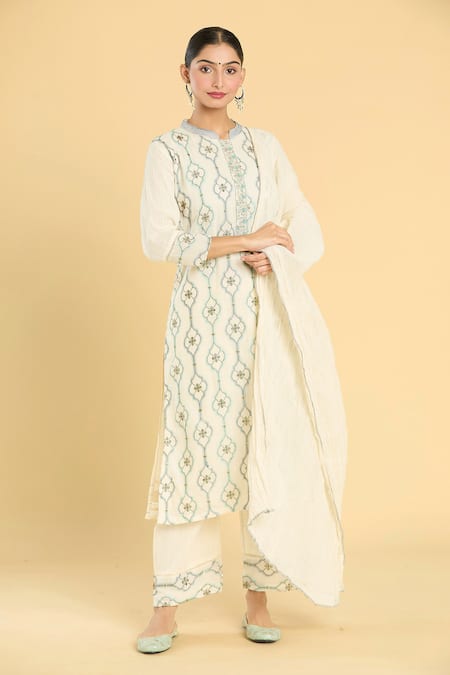 Shop_Label Lila_Off White Cotton, Chanderi Embroidery Mandarin Collar Damask Kurta Pant Set _Online_at_Aza_Fashions
