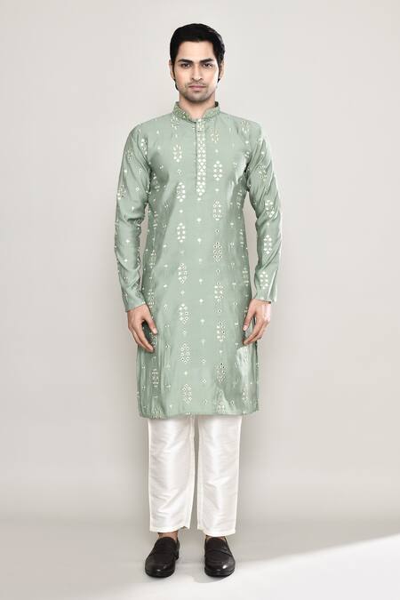 Buy_Arihant Rai Sinha_Green Silk Mirrors Straight Embroidered Kurta And Pant Set _Online_at_Aza_Fashions