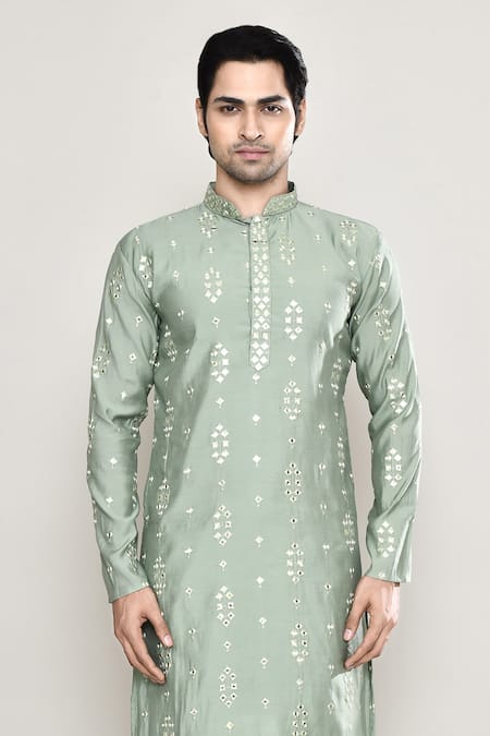 Shop_Arihant Rai Sinha_Green Silk Mirrors Straight Embroidered Kurta And Pant Set _Online_at_Aza_Fashions